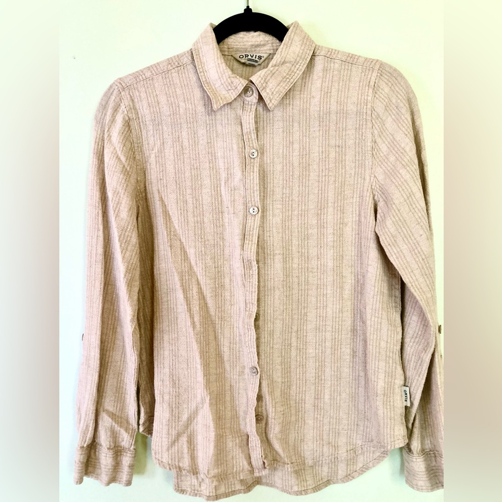 Orvis Tan Linen blend Button Down Shirt. XS